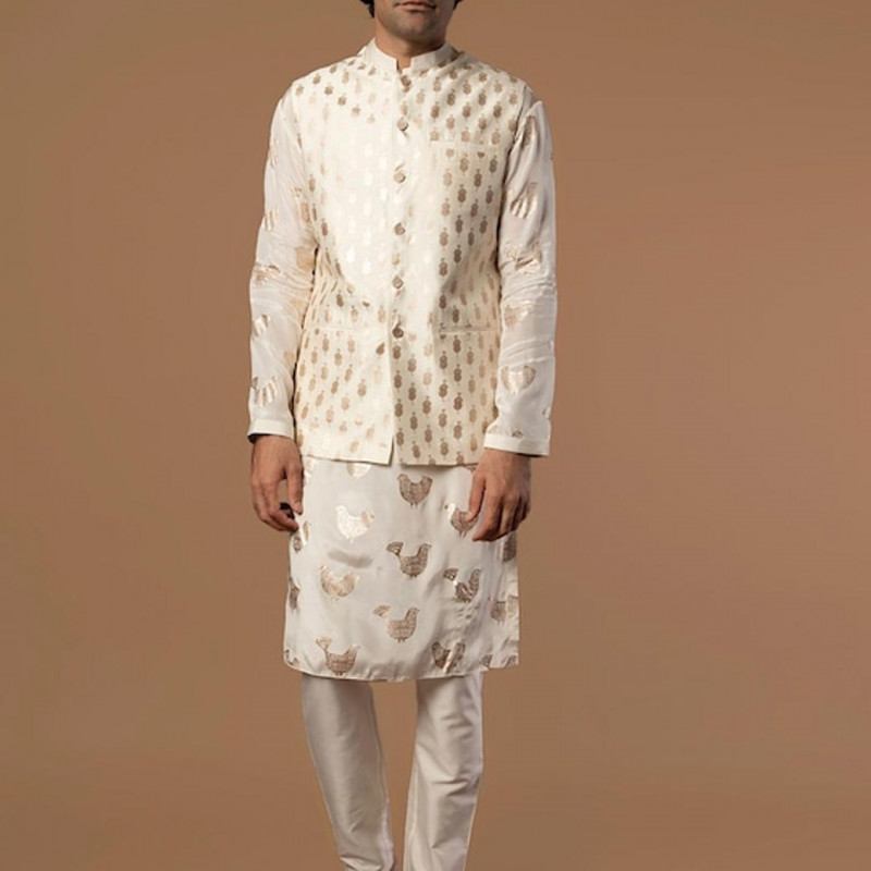 Men Multicoloured Floral Printed Angrakha Kurta with Churidar & With Dupatta