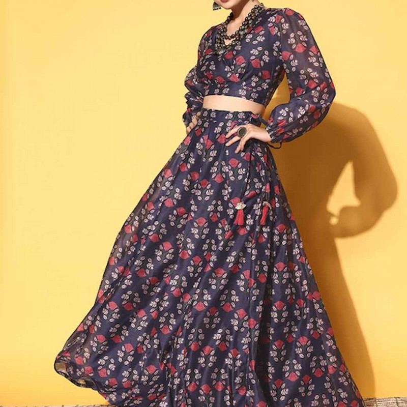 Navy Blue Printed Ready to Wear Lehenga Choli