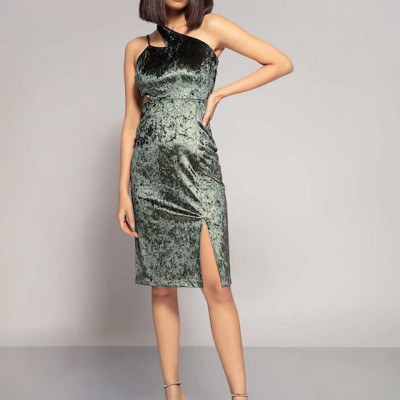 Green Embellished Velvet One Shoulder Sheath Dress