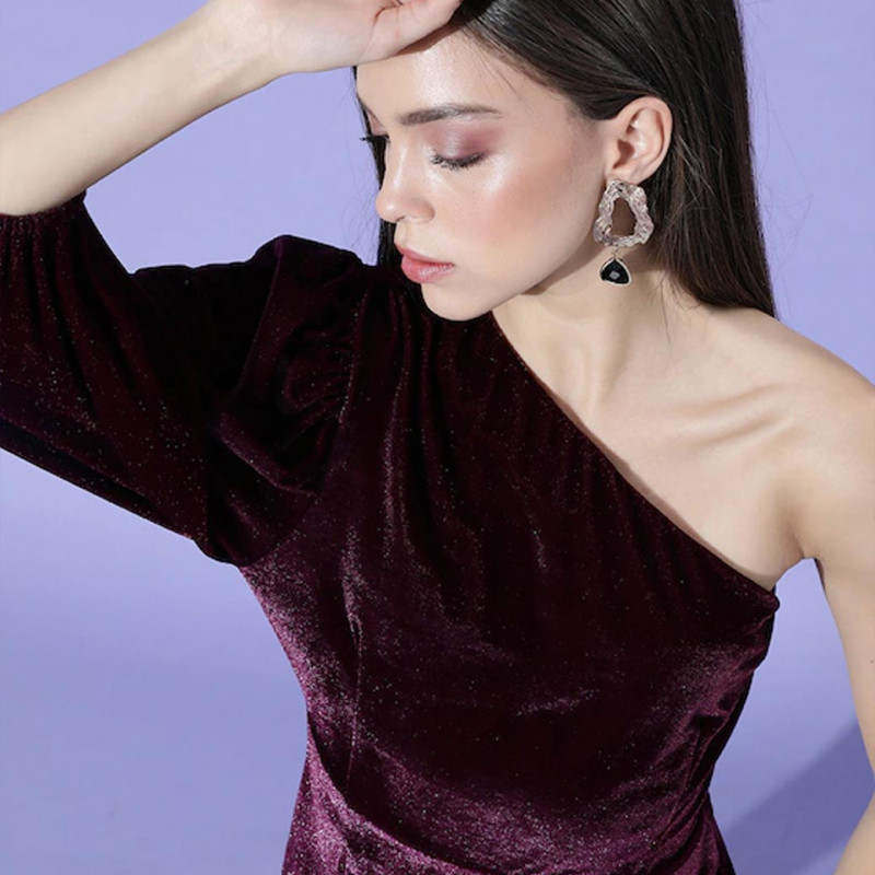 Women Deep Burgundy Solid One-Shoulder Dress