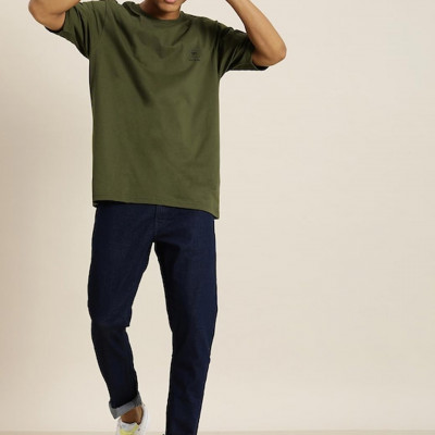 Men Olive Green Graphic Printed Pure Cotton Oversized T-Shirt