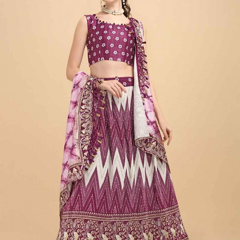 Purple & White Printed Semi-Stitched Lehenga