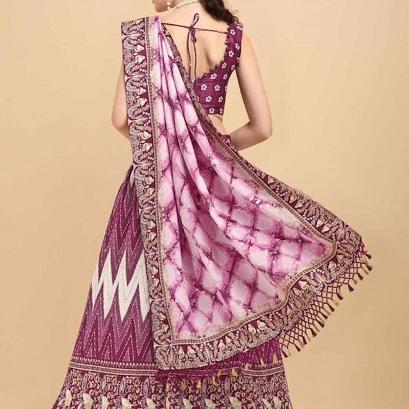 Purple & White Printed Semi-Stitched Lehenga